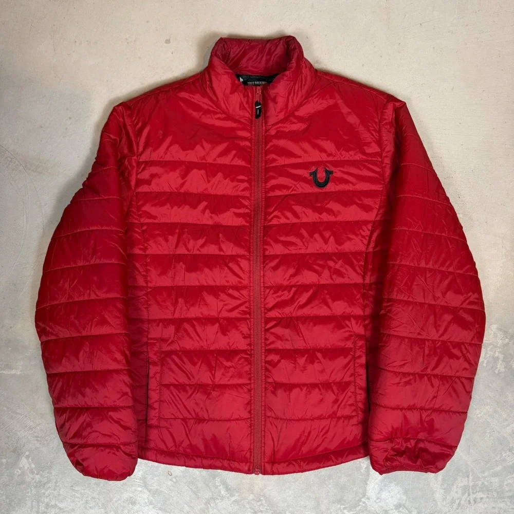 True Religion Mens Red Puffer Jacket Horseshoe Logo Full Zip Size M 50100-00